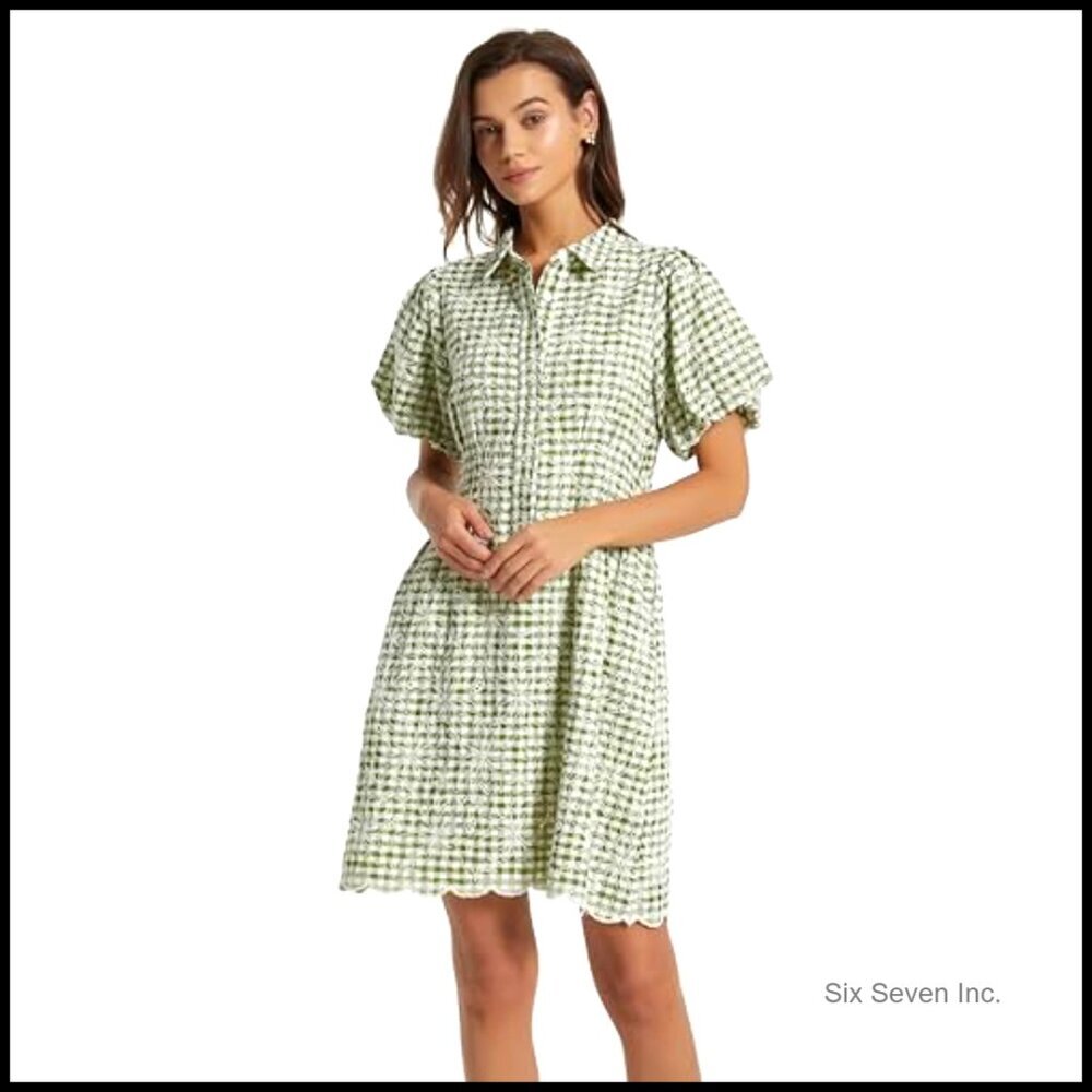 Short Sleeve Pleated Mini Shirt Dress with Embroidered Gingham Fabric - Picture 2 of 7
